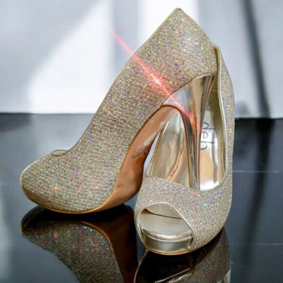 Silver Glitter Heels ✦ Deb Peep-Toe Stilettos ✦ Formal 4” High Heel Size 7 EUC - Picture 2 of 14